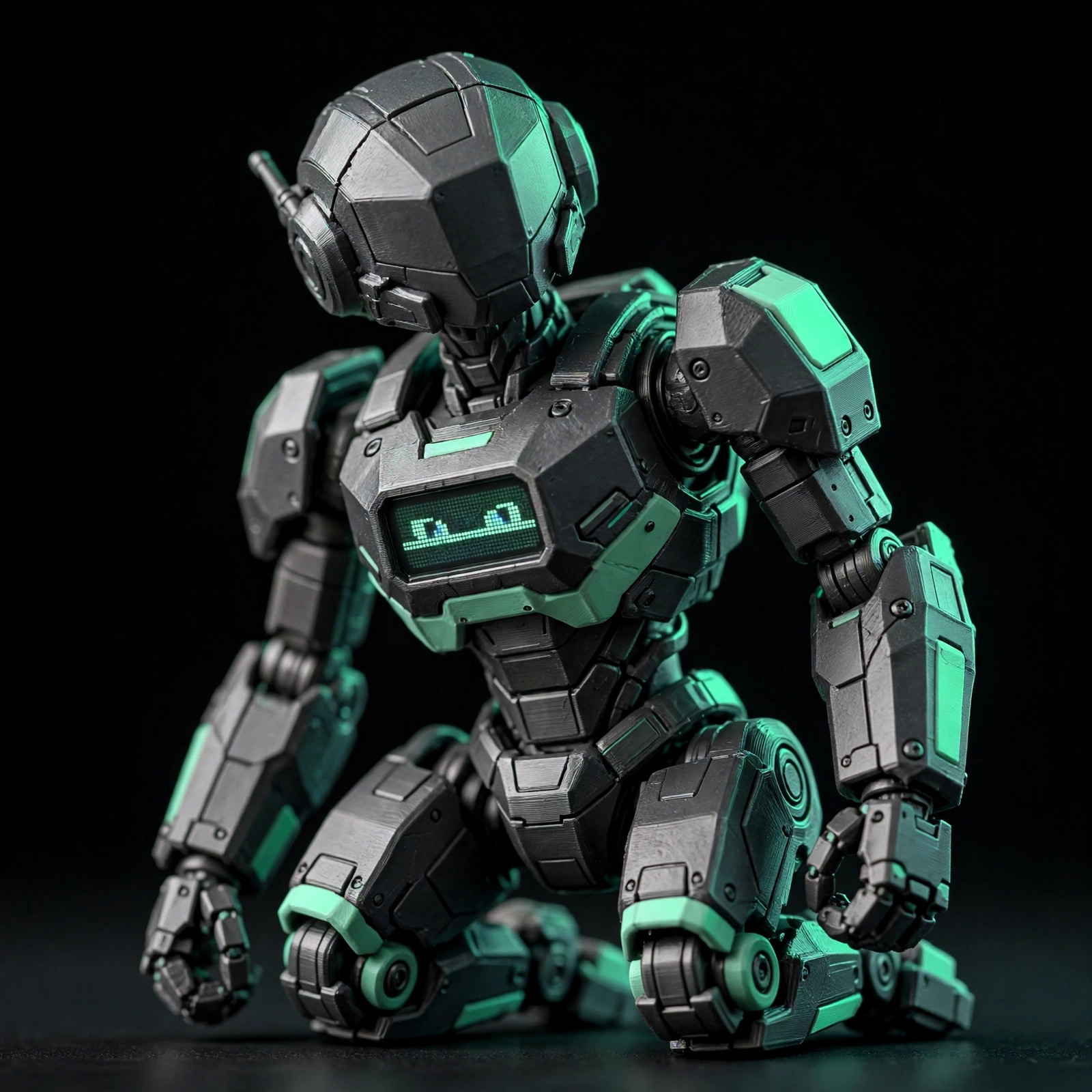 Concept render of the Cyber Buddy, a gunmetal grey robot figure with mint accents