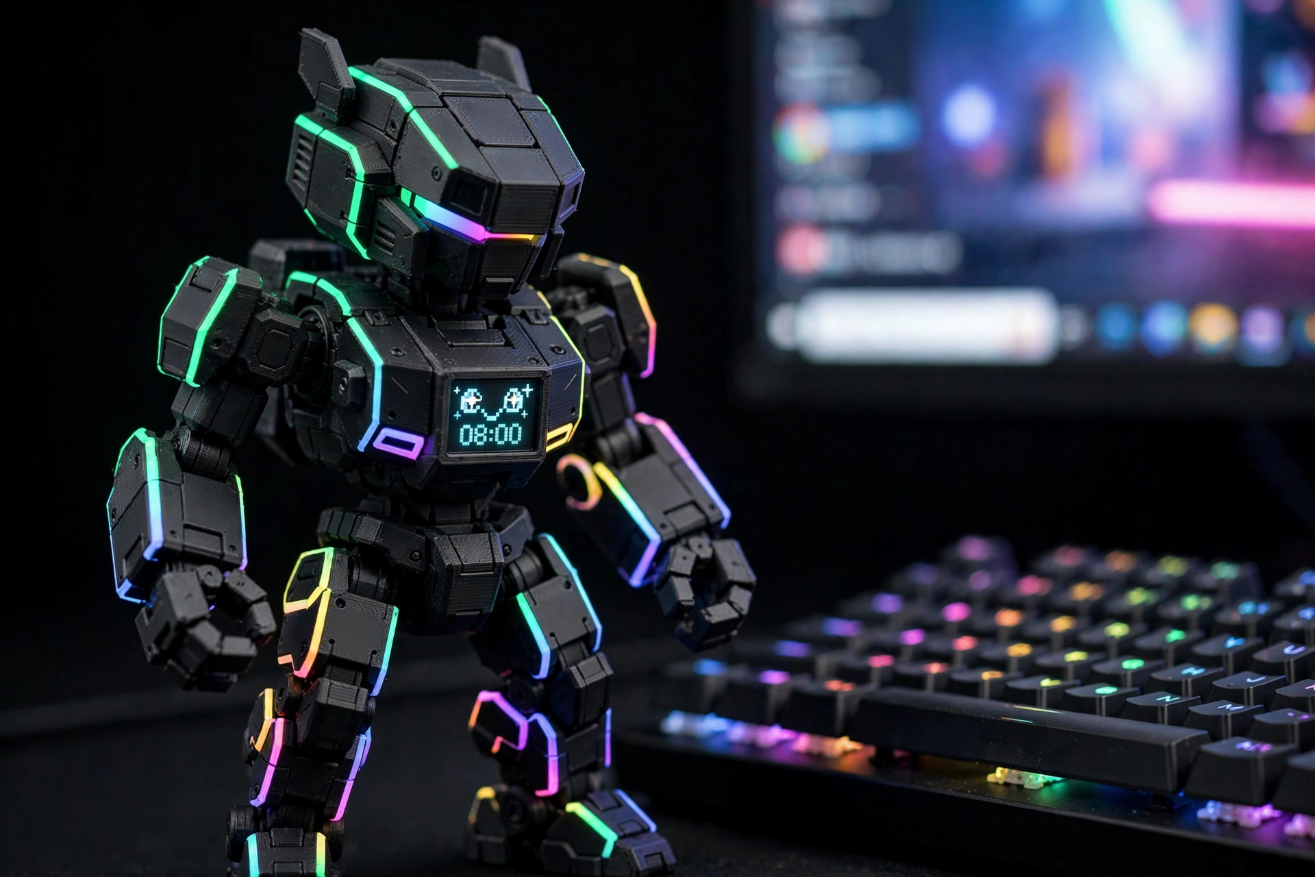 Concept render of the Gaming Buddy, a black robot figure with RGB glow beside a keyboard