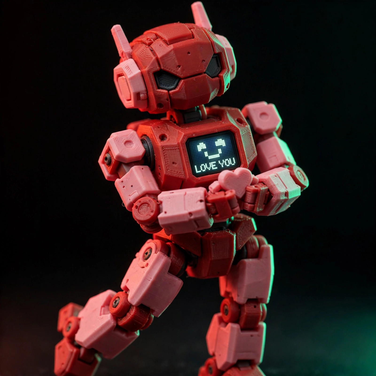 Concept render of the Love Buddy, a red and pink robot figure