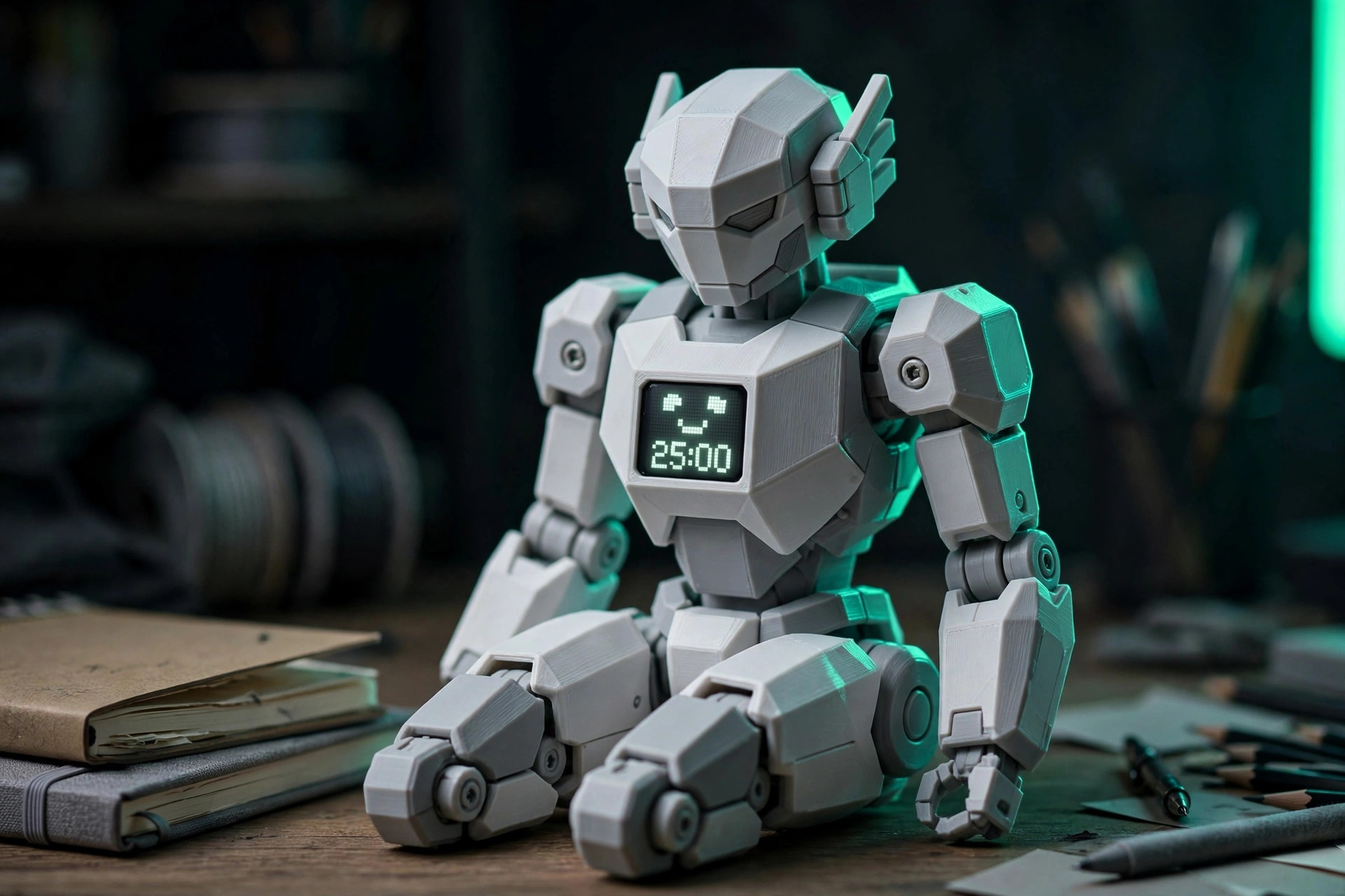 Concept render of the Study Buddy, a white robot figure on a study desk