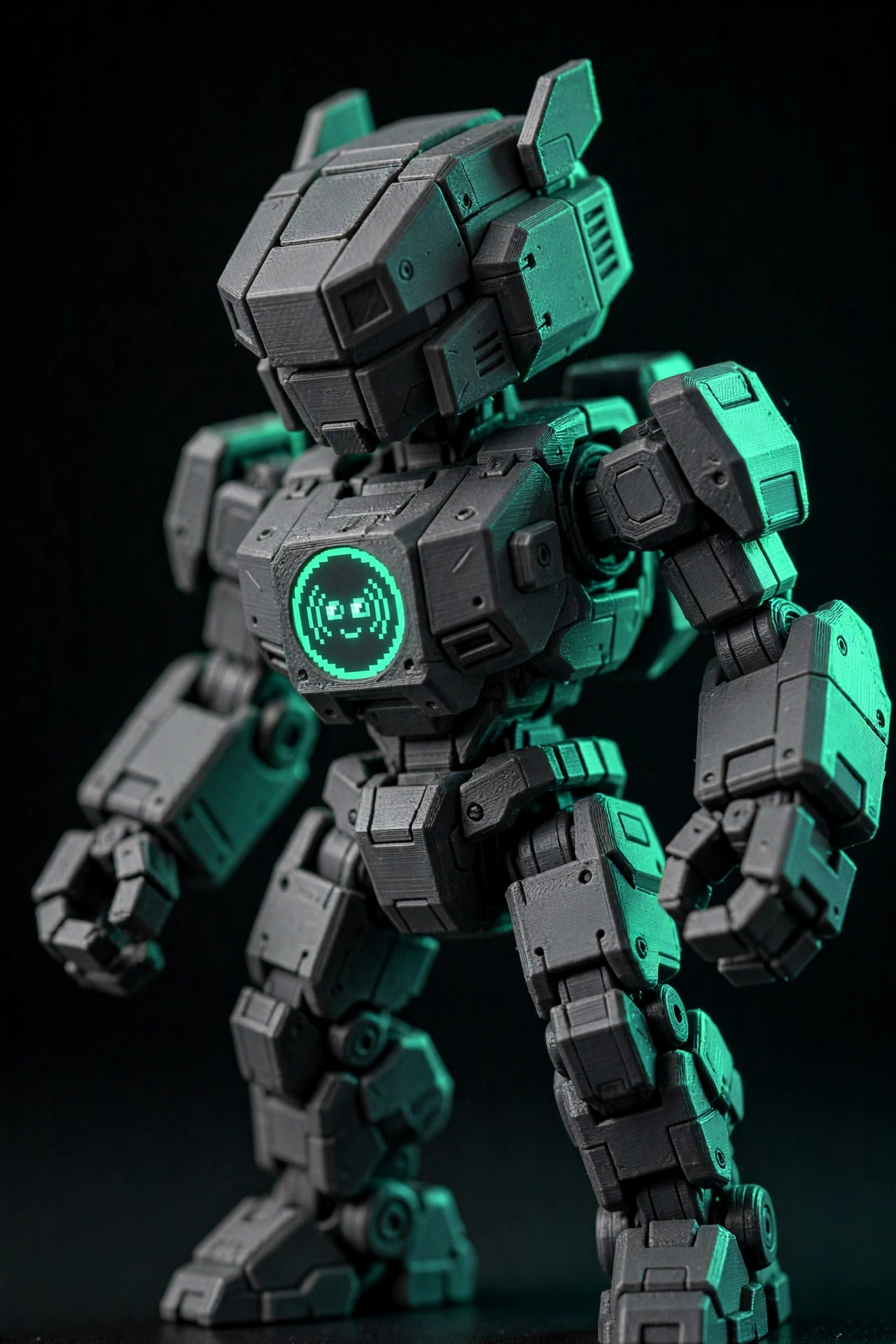 Concept render of the Voice Buddy, a graphite robot figure with a glowing mint ring