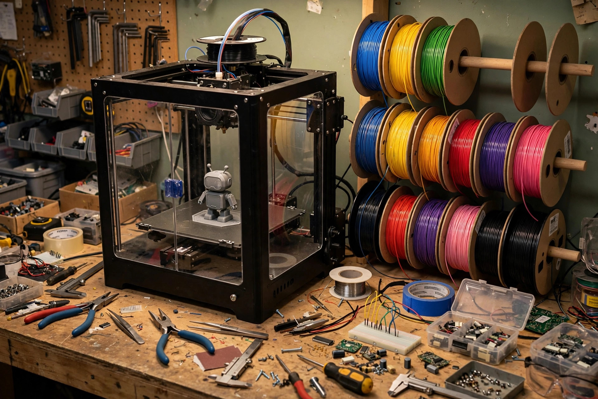 Concept render of the Personal Buddy workshop with a 3D printer and filament